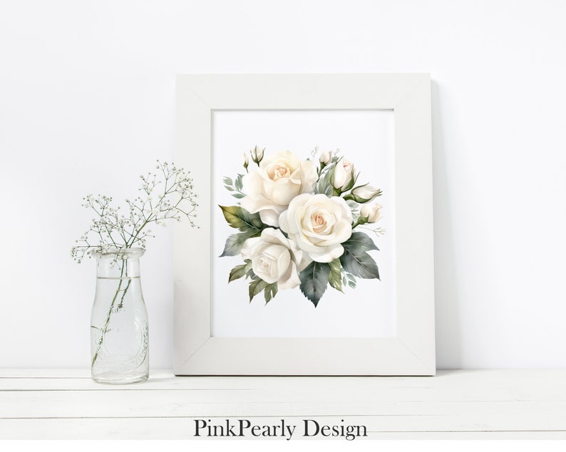 White Roses PNG Watercolor Clipart, Wedding Flowers Bouquet, Watercolor Floral Clipart Bouquets Wreath, Digital Download image 4