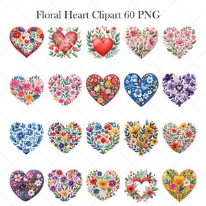 May include: A collection of 16 heart-shaped floral clip art images. Each heart is filled with colorful flowers and foliage, with a variety of styles and colors. The text "Floral Heart Clipart 60 PNG" is at the top.