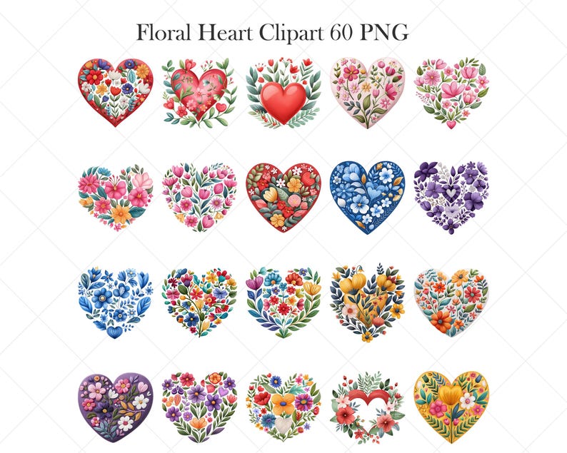 May include: A collection of 16 heart-shaped floral clip art images. Each heart is filled with colorful flowers and foliage, with a variety of styles and colors. The text "Floral Heart Clipart 60 PNG" is at the top.