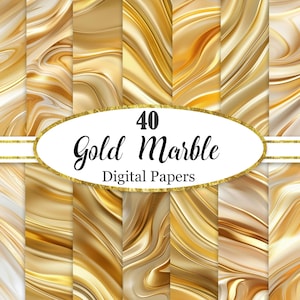 May include: A collection of 40 gold marble digital papers. The papers feature swirling patterns in shades of gold, cream, and white, creating a luxurious and elegant aesthetic. The text "40 Gold Marble Digital Papers" is displayed on a gold oval.