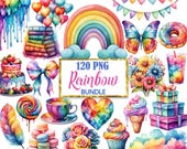 Rainbow Clipart Bundle, Watercolor Rainbow PNG, Summer Clipart, Colorful, Dessert, Sublimation, Digital Download