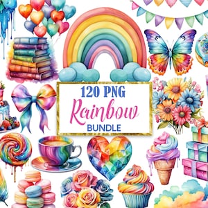 May include: A collection of 120 watercolor PNG images featuring rainbow-themed illustrations. The images include a rainbow, a heart, a butterfly, a cupcake, a lollipop, a feather, a stack of books, a cake, a doughnut, a cup of coffee, a bouquet of flowers, a gift box, a cloud, a balloon, and a dripping paint effect.