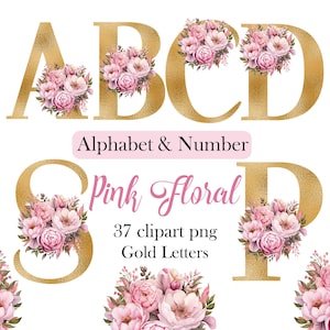 Pink Floral Alphabet PNG, Flower Alphabet Clipart, Gold Letters Clipart, Number, Sublimation, Digital Download