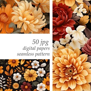 May include: A digital paper pack with 50 seamless patterns featuring various floral designs. The patterns include yellow, orange, red, and white flowers on a black background.