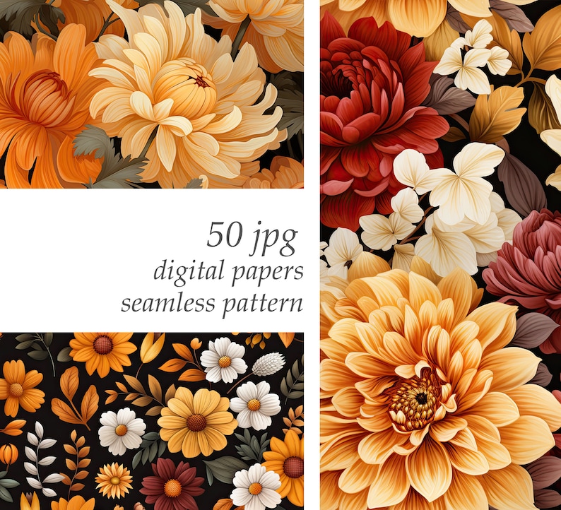 May include: A digital paper pack with 50 seamless patterns featuring various floral designs. The patterns include yellow, orange, red, and white flowers on a black background.