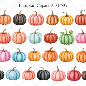 Op de afbeelding: Een set van 20 aquarel-pompoenillustraties in verschillende kleuren, waaronder oranje, roze, blauw, groen en bruin. De pompoenen zijn gerangschikt in vier rijen van vijf, waarbij elke pompoen een andere vorm en grootte heeft.