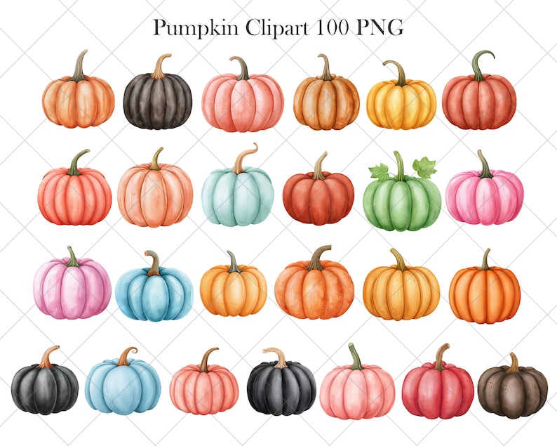 Op de afbeelding: Een set van 20 aquarel-pompoenillustraties in verschillende kleuren, waaronder oranje, roze, blauw, groen en bruin. De pompoenen zijn gerangschikt in vier rijen van vijf, waarbij elke pompoen een andere vorm en grootte heeft.