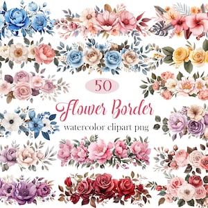 Clipart de borda de flores, pacote de borda de flores em aquarela PNG, floral de casamento, borda de rosas, floral de primavera, download digital