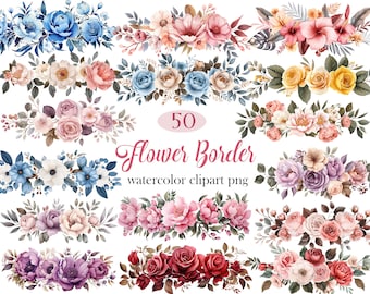 Flower Border Clipart, Watercolor Flower Border PNG Bundle, Wedding Floral, Rose Border, Spring Floral, Digital Download