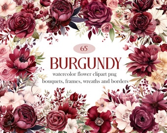Bourgondische bloem PNG, aquarel bordeauxrode bloemen clipartbundel, bruidsboeketkrans, bloemsublimatie, digitale download