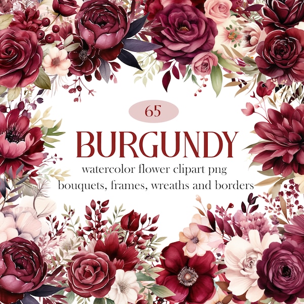 Burgundy Flower PNG, Watercolor Burgundy Floral Clipart Bundle, Wedding Bouquet Wreath, Flower Sublimation, Digital Download