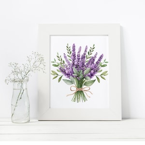May include: A watercolor painting of a bouquet of lavender flowers with green leaves tied with twine. The flowers are purple and the leaves are green. The background is white.