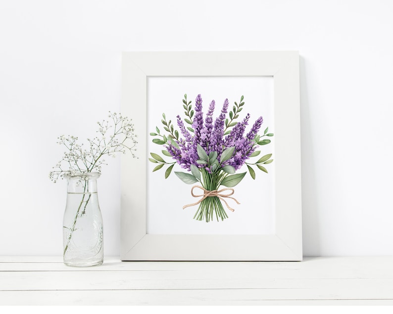 May include: A watercolor painting of a bouquet of lavender flowers with green leaves tied with twine. The flowers are purple and the leaves are green. The background is white.