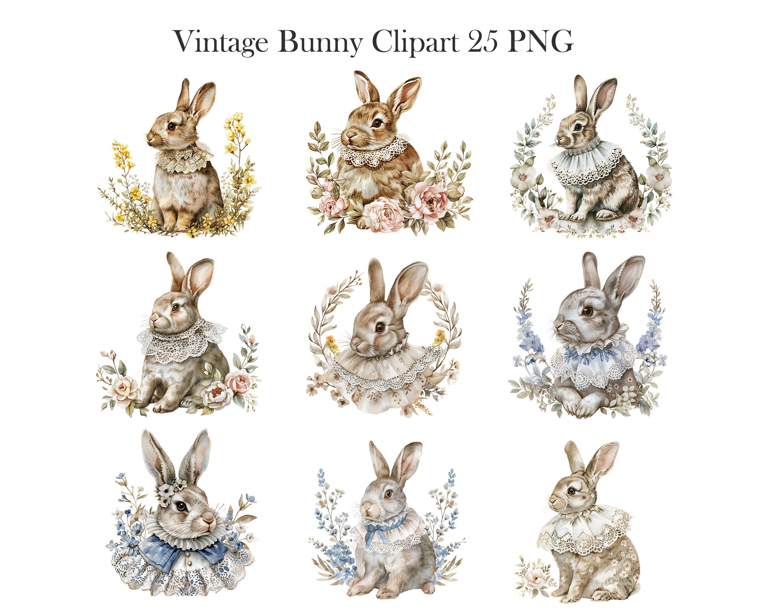 Bunny Clipart, Watercolor Bunnies Clipart Bundle, Vintage Rabbit PNG ...
