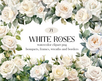 Białe róże PNG akwarela clipart, bukiet kwiatów ślubnych, akwarela kwiatowy bukiety clipartów wieniec, Digital Download