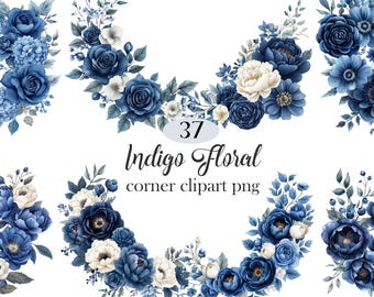 Indigo Floral Clipart, Watercolor Blue Flower Corner PNG