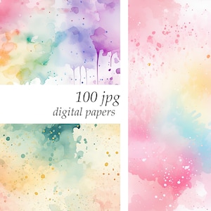 Op de afbeelding: Een set van 100 digitale papieren met aquarel achtergronden in verschillende tinten roze, blauw, groen en geel. De papieren hebben een zachte, dromerige uitstraling en zijn perfect om een vleugje whimsy aan je ontwerpen toe te voegen.