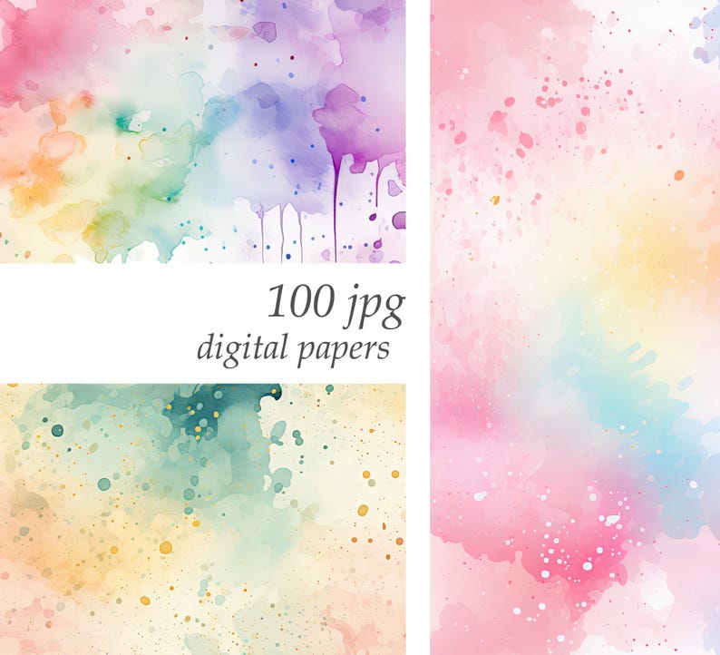 Op de afbeelding: Een set van 100 digitale papieren met aquarel achtergronden in verschillende tinten roze, blauw, groen en geel. De papieren hebben een zachte, dromerige uitstraling en zijn perfect om een vleugje whimsy aan je ontwerpen toe te voegen.