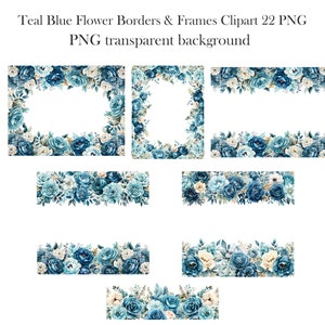 Teal Blue Flower Border Clipart, Watercolor Blue Floral PNG, Flower ...