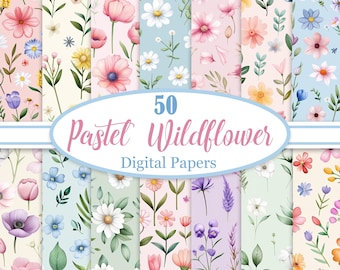 Pastel Wildflower Digital Paper, Flower Background Bundle, Scrapbook Paper, Spring, Digital Download