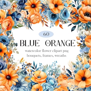 Blau Orange Blume PNG, Aquarell Blau Floral Clipart Bundle, Hochzeitsstrauß, Frühlingsblume Clipart, Sommer Blumen PNG, digitaler Download