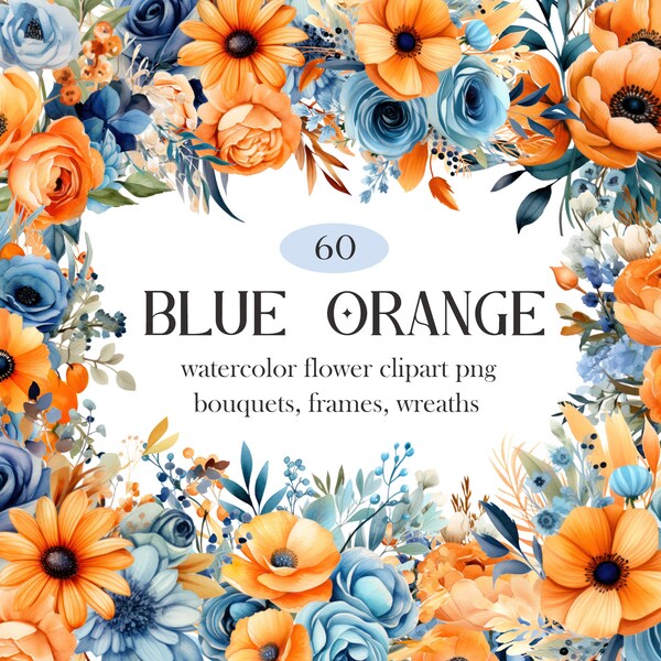 Blau Orange Blume PNG, Aquarell Blau Floral Clipart Bundle, Hochzeitsstrauß, Frühlingsblume Clipart, Sommer Blumen PNG, digitaler Download