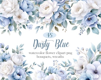Blue Flower Clipart, Watercolor Pastel Blue Floral PNG, Digital Download