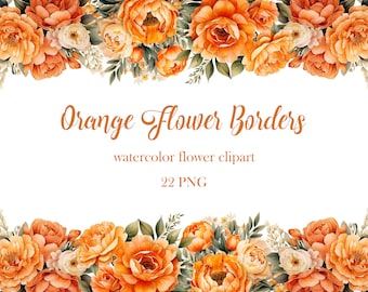 Oranje bloemenrand clipart, aquarel oranje bloemen png-bundel, lente, zomer, bloemenlijst, bruiloft, digitale download