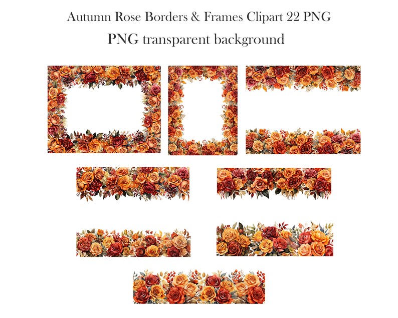 Autumn Rose Border Clipart, Watercolor Rose Border PNG Bundle, Flower ...