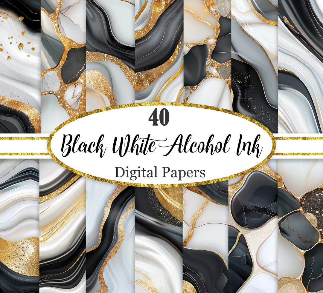 Black White Digital Paper, Alcohol Ink Glitter Background, Scrapbook ...