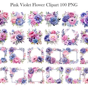 May include: A set of 36 digital clipart images featuring watercolor illustrations of pink and purple flowers, some with floral wreaths and frames. The images are perfect for crafting, scrapbooking, and digital design projects.