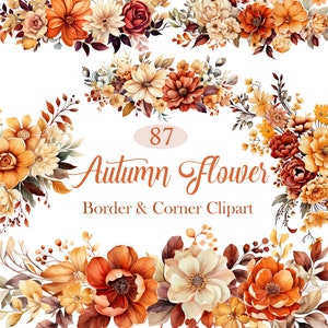 Herfstbloem PNG, aquarel herfst bloemenrand clipart, bloemenhoek, herfst bloemen clipart, digitale download