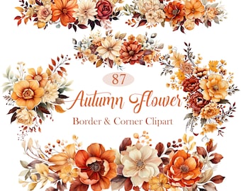 Herfstbloem PNG, aquarel herfst bloemenrand clipart, bloemenhoek, herfst bloemen clipart, digitale download