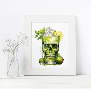 May include: A watercolour painting of a skull-shaped glass filled with a green cocktail. The glass is filled with ice cubes, a lime wedge, and a sprig of mint. The cocktail is dripping down the sides of the glass.