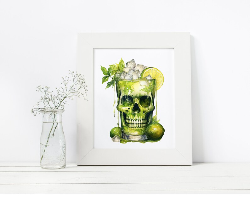 May include: A watercolour painting of a skull-shaped glass filled with a green cocktail. The glass is filled with ice cubes, a lime wedge, and a sprig of mint. The cocktail is dripping down the sides of the glass.