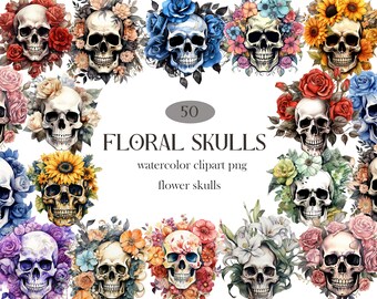 Watercolor Floral Skulls Clipart, Flower Skulls PNG Halloween Clipart, Digital Download, Commercial Use