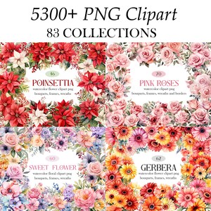 Blomma Clipart Bundle, Akvarell Blommig Clipart, Blomma PNG Bundle, Sublimering, Blombukett, Krans, Digital Nedladdning bild 8