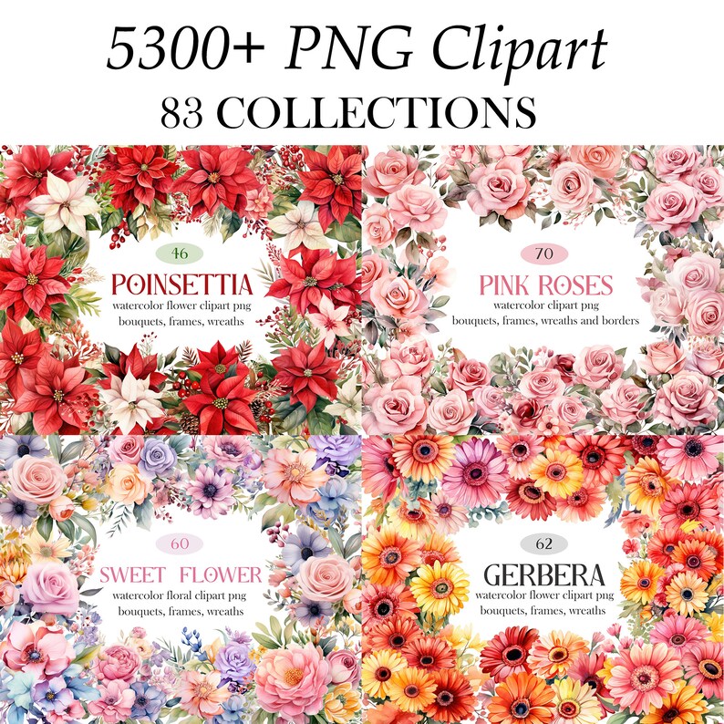Blomma Clipart Bundle, Akvarell Blommig Clipart, Blomma PNG Bundle, Sublimering, Blombukett, Krans, Digital Nedladdning bild 8
