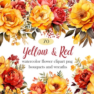 Gelb rote Blume PNG, Aquarell Herbst Floral Clipart Bundle, Herbst Blumenstrauß, Kranz, Blumen Sublimation, digitaler Download