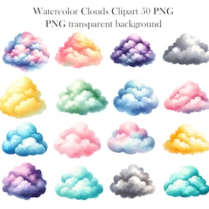 Puede incluir: Conjunto de 16 ilustraciones de nubes de acuarela en varios colores, incluyendo rosa, azul, morado, verde y amarillo. Las nubes est&aacute;n aisladas sobre un fondo transparente.