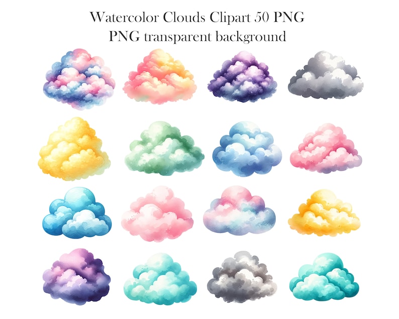 Puede incluir: Conjunto de 16 ilustraciones de nubes de acuarela en varios colores, incluyendo rosa, azul, morado, verde y amarillo. Las nubes est&aacute;n aisladas sobre un fondo transparente.