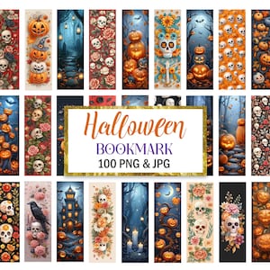 May include: A set of 100 Halloween-themed bookmarks featuring various designs, including pumpkins, skulls, bats, and other spooky elements. The bookmarks are in a vertical format and are perfect for adding a festive touch to your reading experience.