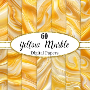 May include: A set of 60 digital papers featuring a yellow marble effect. The papers display a swirling pattern in shades of yellow and white. The image includes text that reads "60 Yellow Marble Digital Papers."