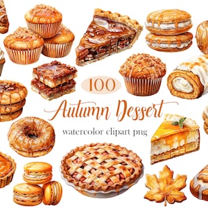 以下が含まれることがあります： 秋の味覚をテーマにした、水彩画で描かれたデザートのイラスト100点セットです。パイ、ケーキ、ペストリー、クッキーなど、様々なデザートが、キャラメル、ペカンナッツ、メープルシロップなどの秋の風味で飾られています。