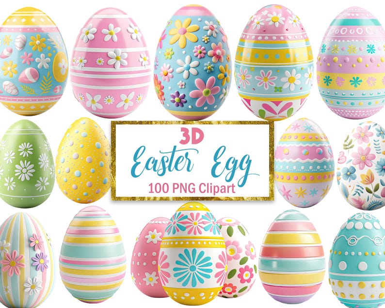 May include: A collection of colorful 3D Easter egg clipart. The eggs feature various designs, including flowers, stripes, and dots, in shades of pink, yellow, blue, and green. The text "3D Easter Egg 100 PNG Clipart" is displayed in a gold-framed rectangle.