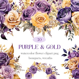 Lila Blume PNG, Aquarell Lila Gold Rose Clipart Bundle, Blumenstrauß, Lila Blume Clipart, Frühling Floral, digitaler Download