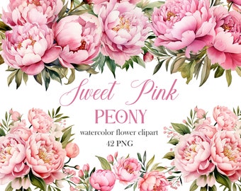 Pink Peony Clipart, Watercolor Peony PNG, Wedding Bouquet, Pink Flower Clipart, Wreath, Digital Download, Spring Floral
