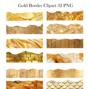 May include: A set of 32 gold border PNG images. The borders feature different textures and patterns, including wood, brick, marble, and abstract designs.