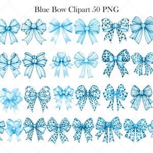 May include: Fifty blue watercolor bow illustrations. The bows are in various styles, including polka dot, striped, and leopard print. Some bows have a heart in the center.