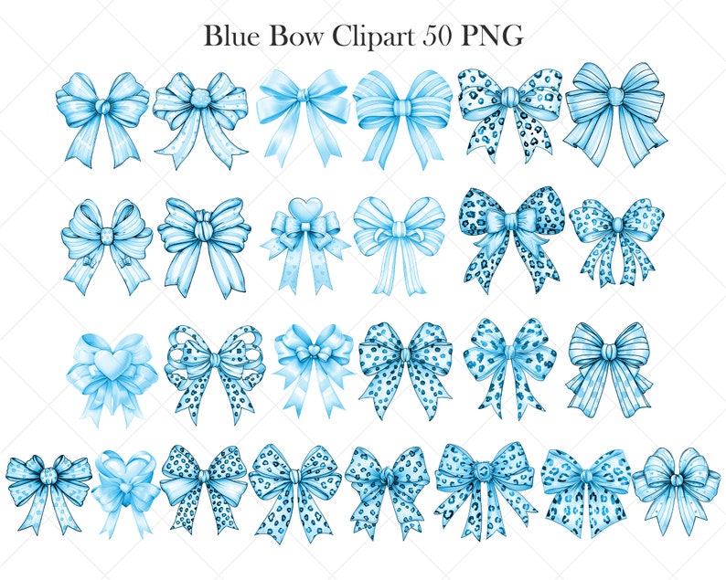 May include: Fifty blue watercolor bow illustrations. The bows are in various styles, including polka dot, striped, and leopard print. Some bows have a heart in the center.